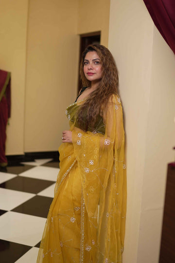 Cutdana handwork on Organza - Yellow