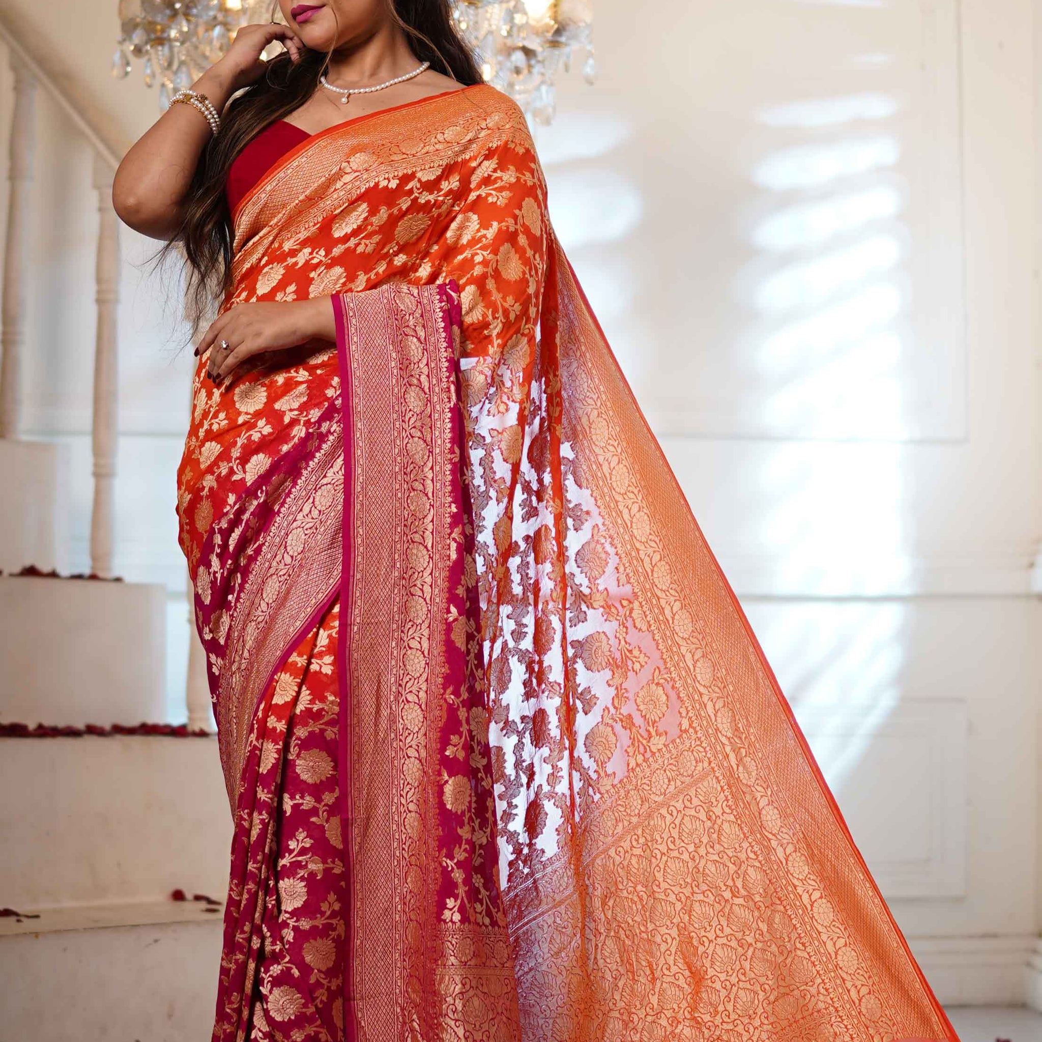 Hand Woven Georgette/ Gold zari - Pink & Orange