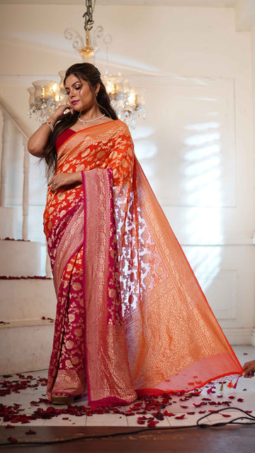 Hand Woven Georgette/ Gold zari - Pink & Orange