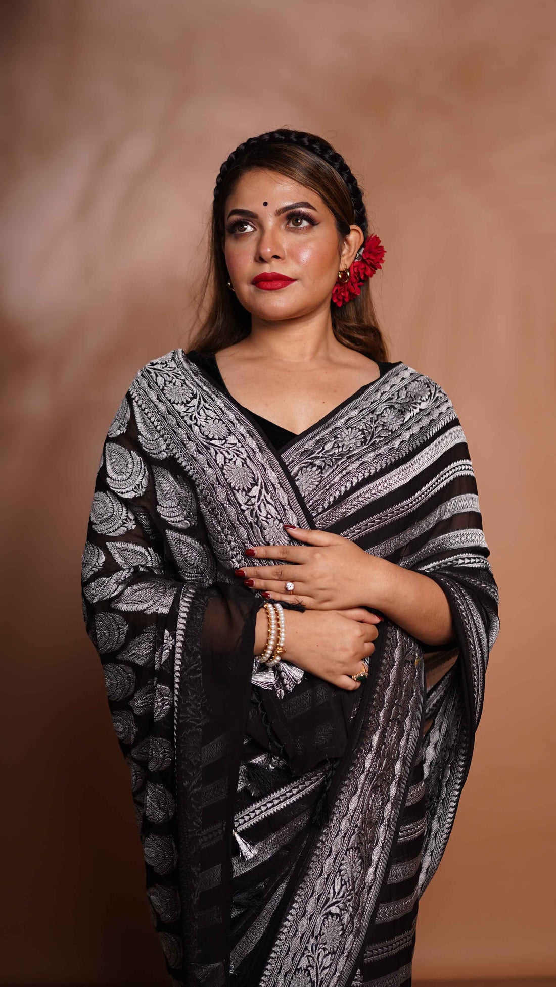 Hand Woven Georgette/ Silver zari - Black