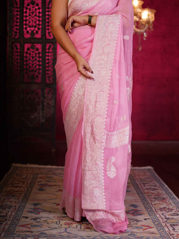 Hand woven Chiffon Banarsi - Baby pink