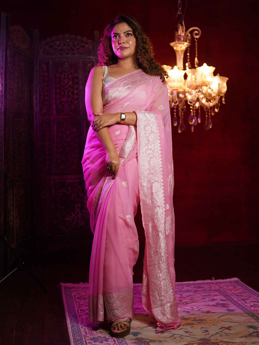 Hand woven Chiffon Banarsi - Baby pink