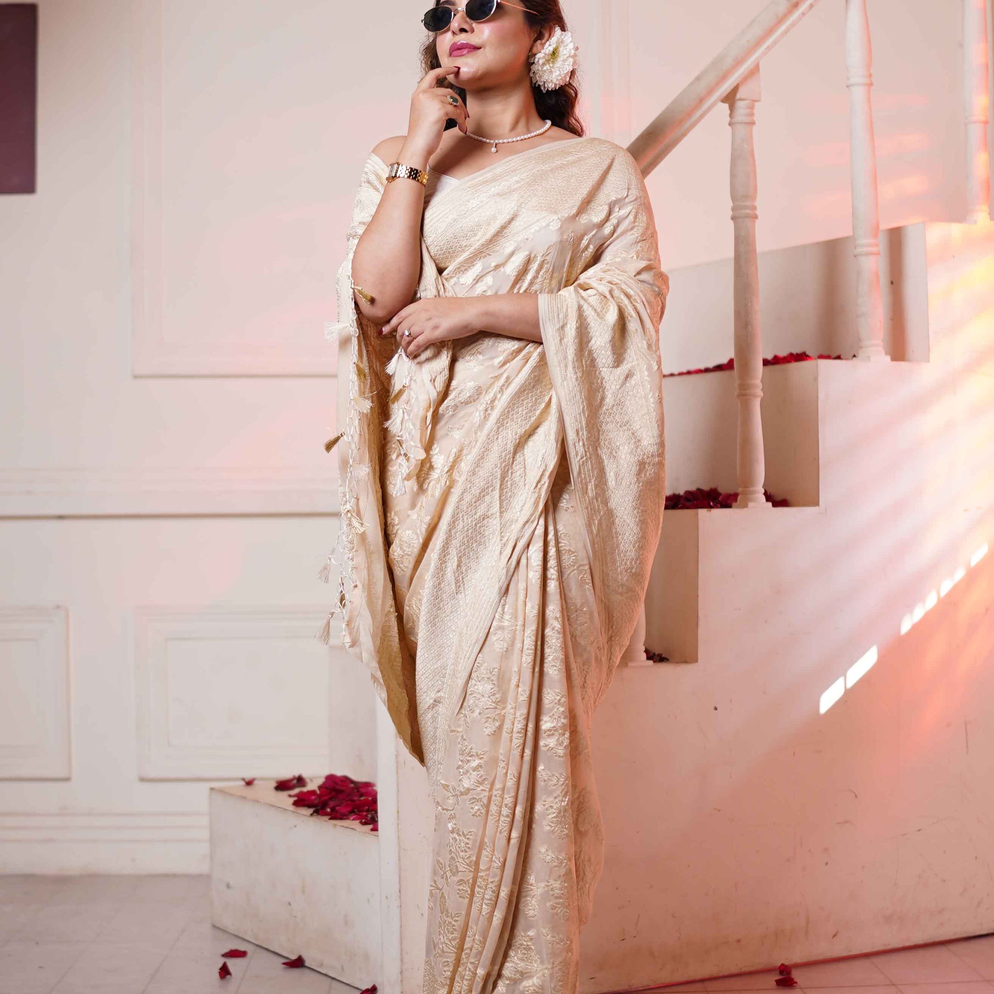 Hand Woven Georgette/ water zari - beige