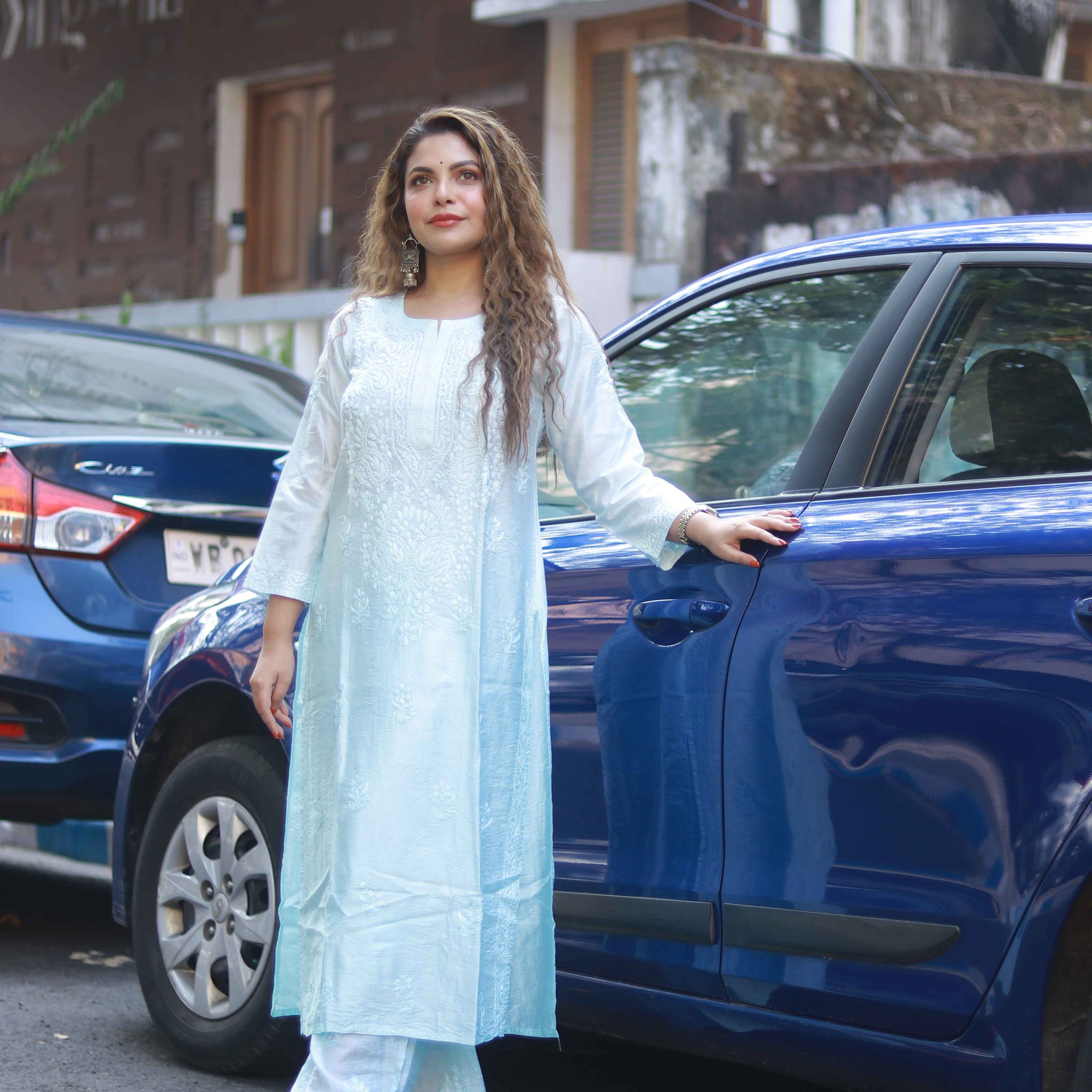 Chanderi silk set powder blue