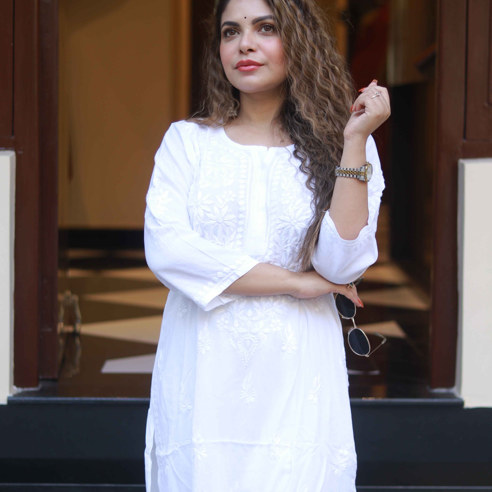 Rayon white work kurti white