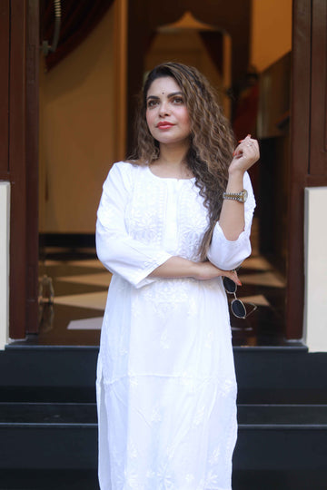 Rayon white work kurti white