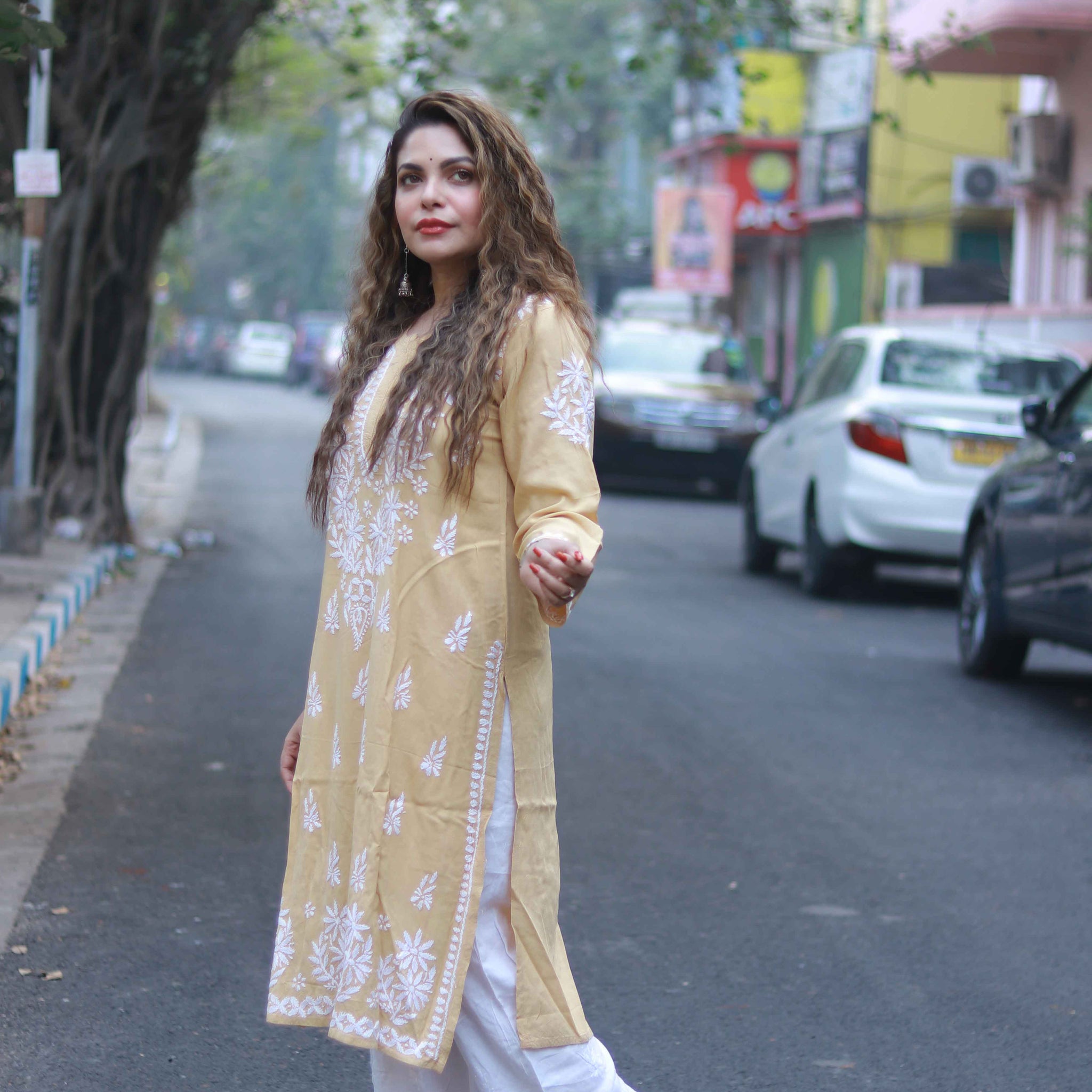 Rayon white work kurti beige