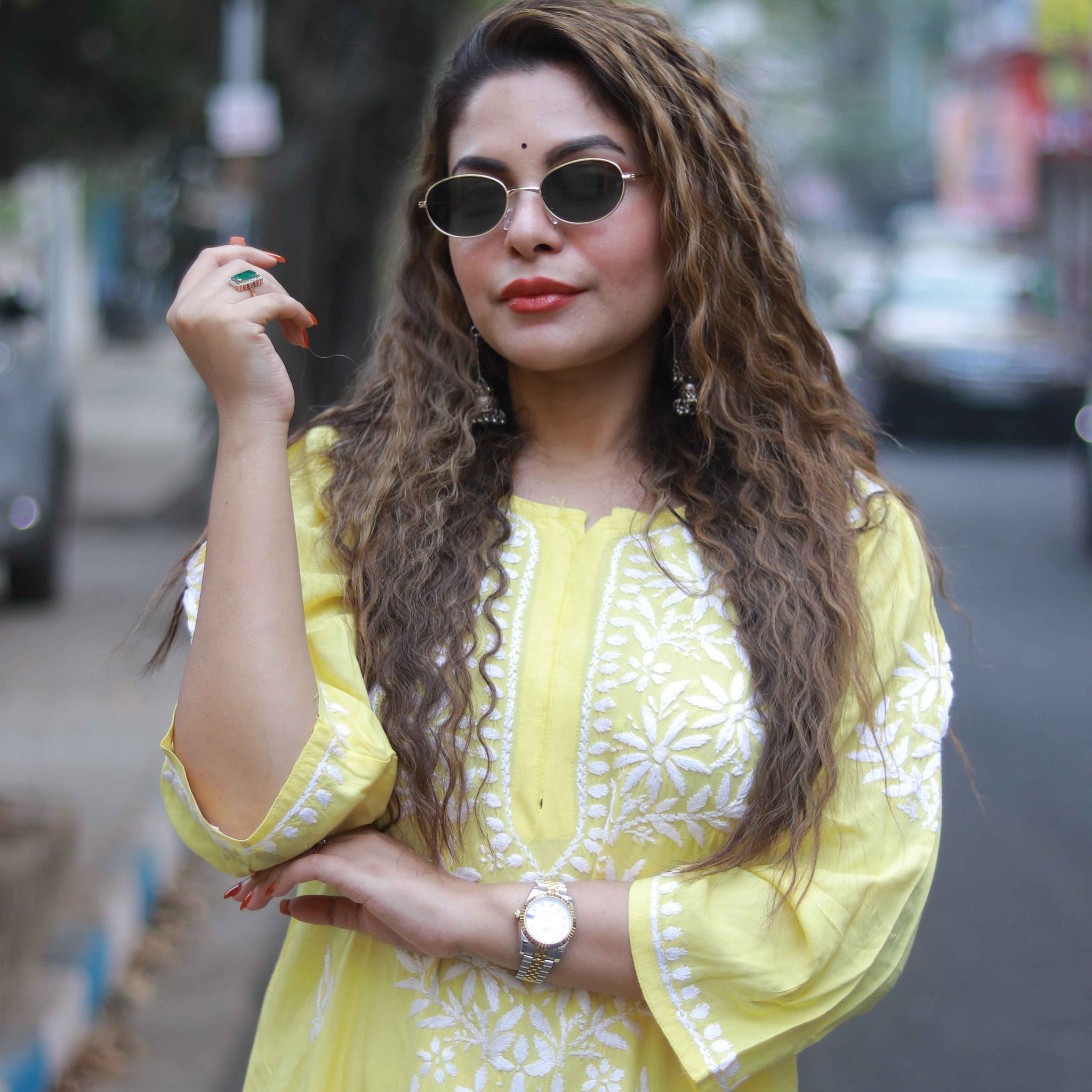 Rayon white work kurti yellow