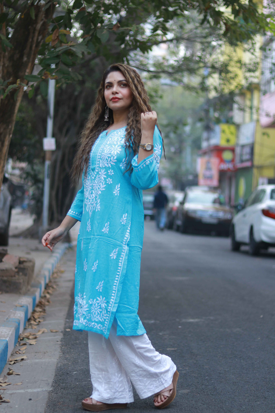 Rayon white work kurti blue