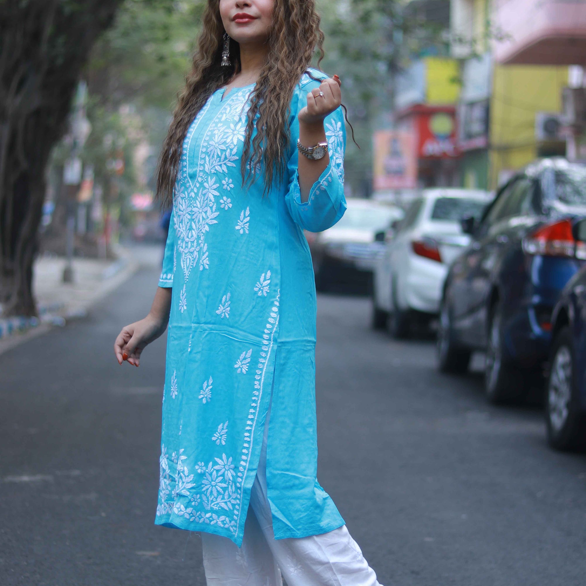 Rayon white work kurti blue