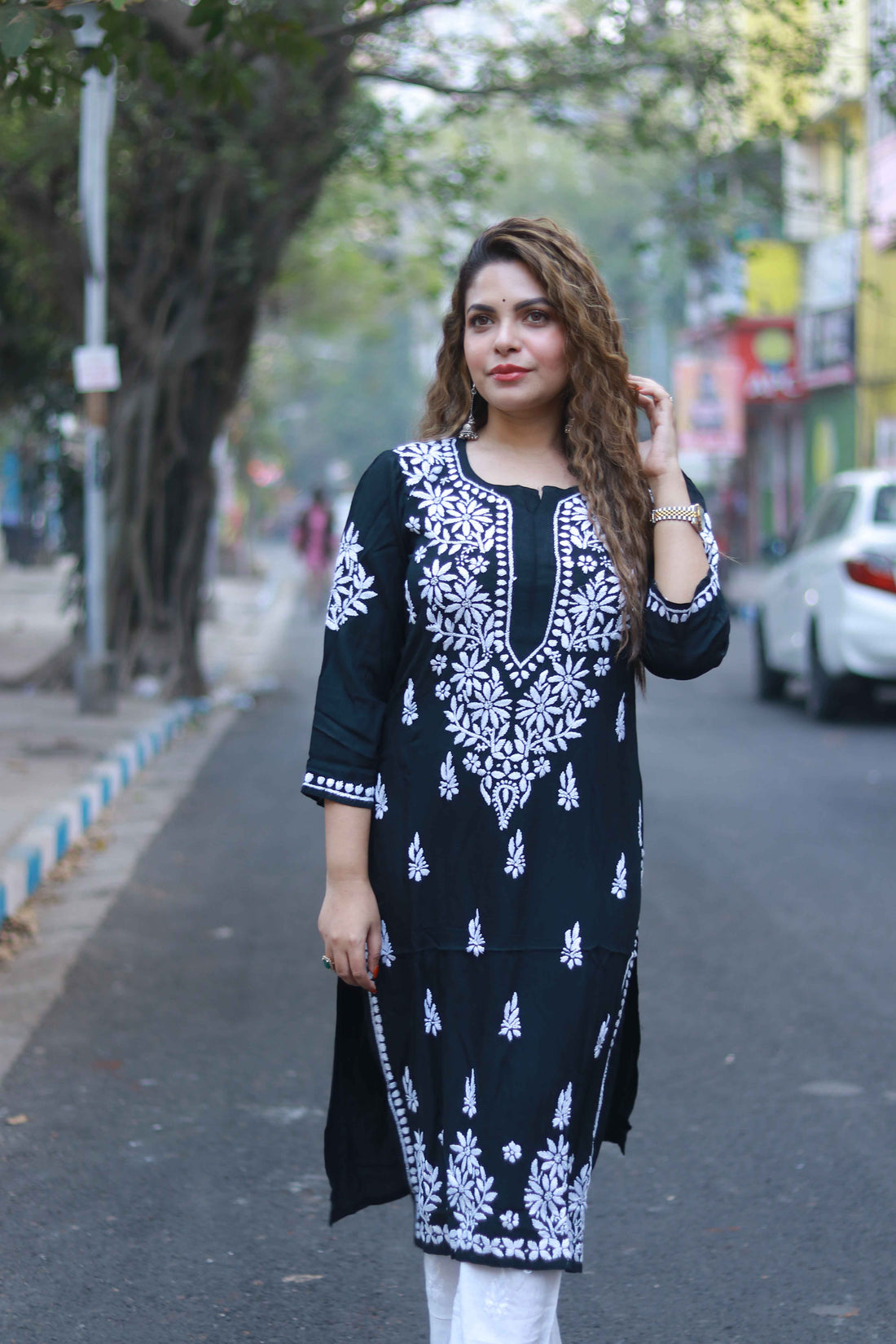 Rayon white work kurti black