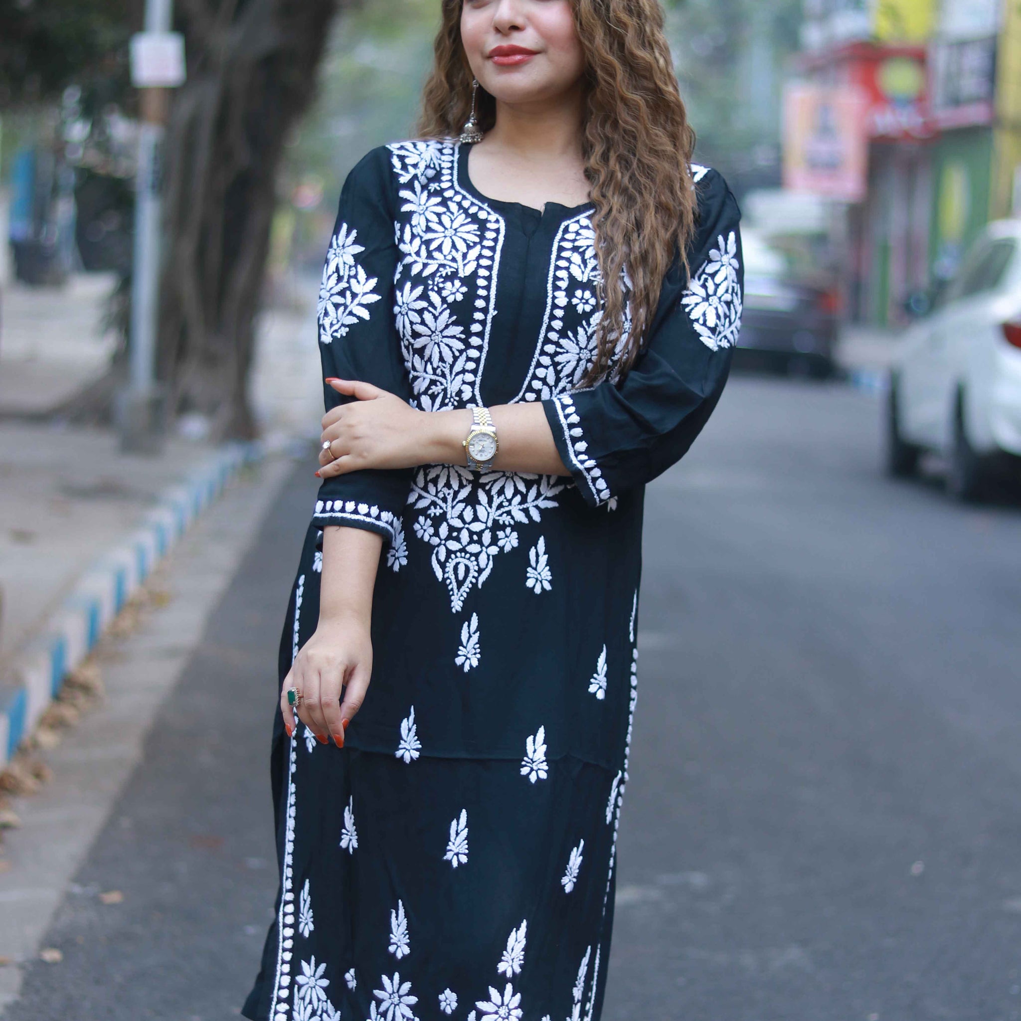 Rayon white work kurti black